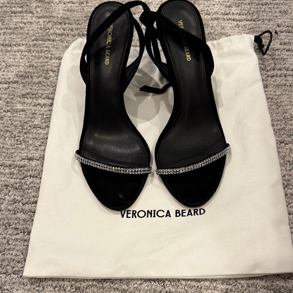 Veronica Beard Black Crystal-Trim Strappy Heels